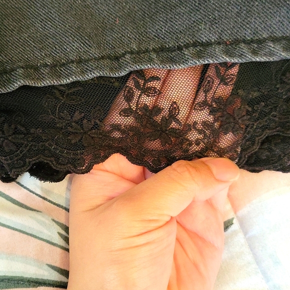 Black denim, black lace booty shorts. - Picture 3 of 4